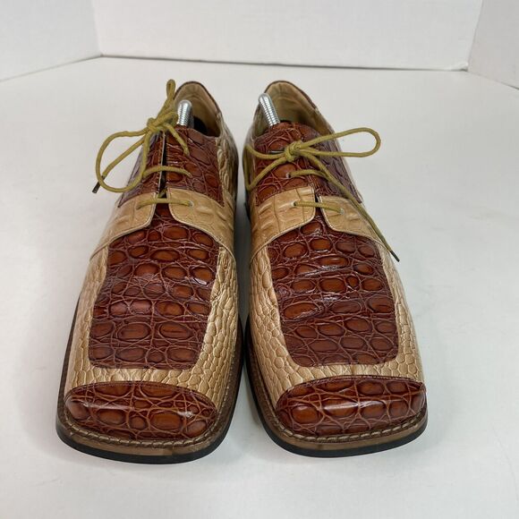 Zota Mens Alligator Oxford Shoes, Size 11, Tan/Brown, Square Toe, Leather 5038 - Picture 3 of 11